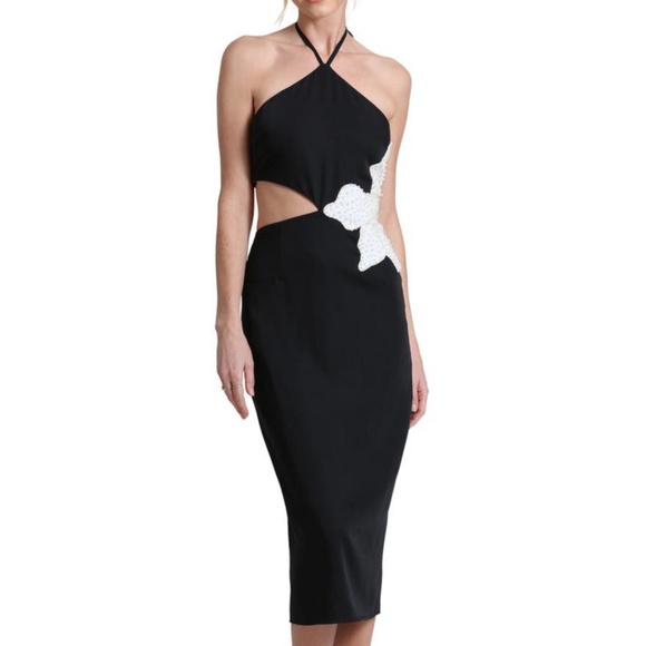 Avec Les Filles - Floral Applique Cutout Halter Midi Dress - Picture 1 of 13
